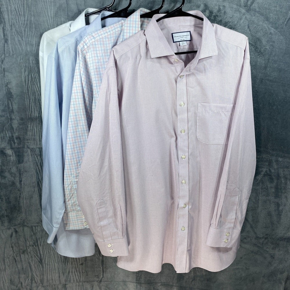 Lot of 4 Charles Tyrwhitt Mens Dress Shirts Slim Fit Mens 18/35 Non Iron Plaid